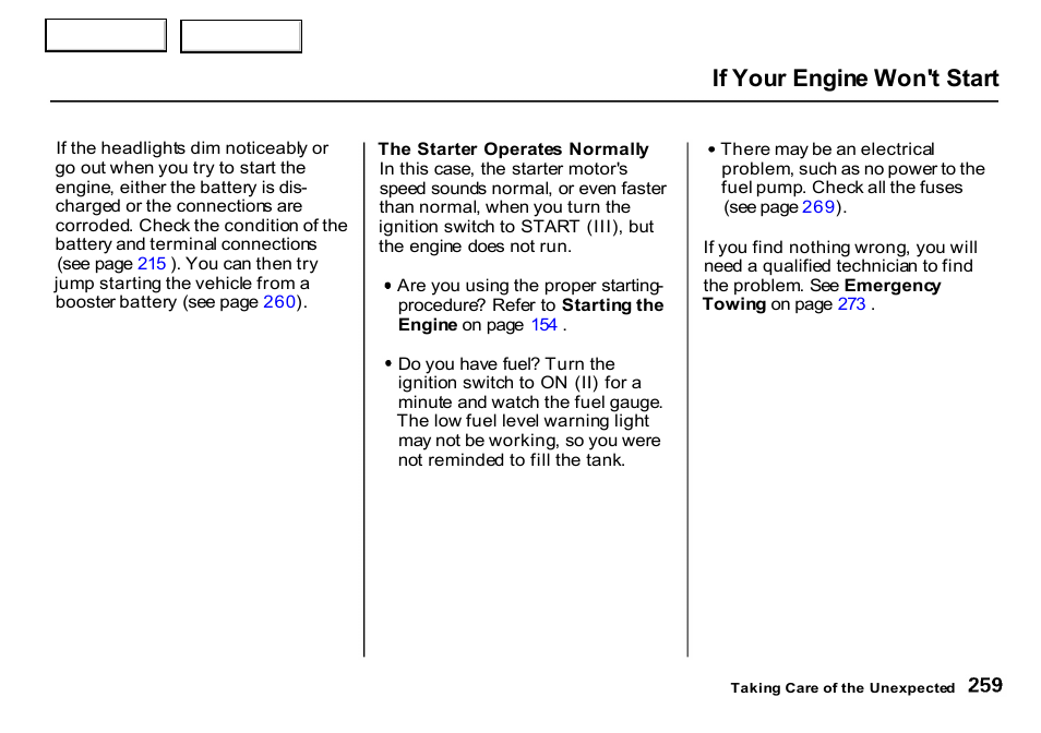 If your engine won't start | HONDA 2000 CR-V - Owner's Manual User Manual | Page 263 / 322