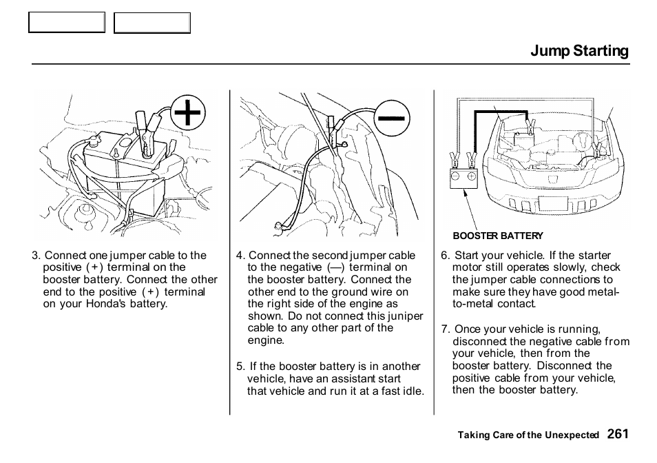 Jump starting | HONDA 2000 CR-V - Owner's Manual User Manual | Page 265 / 322