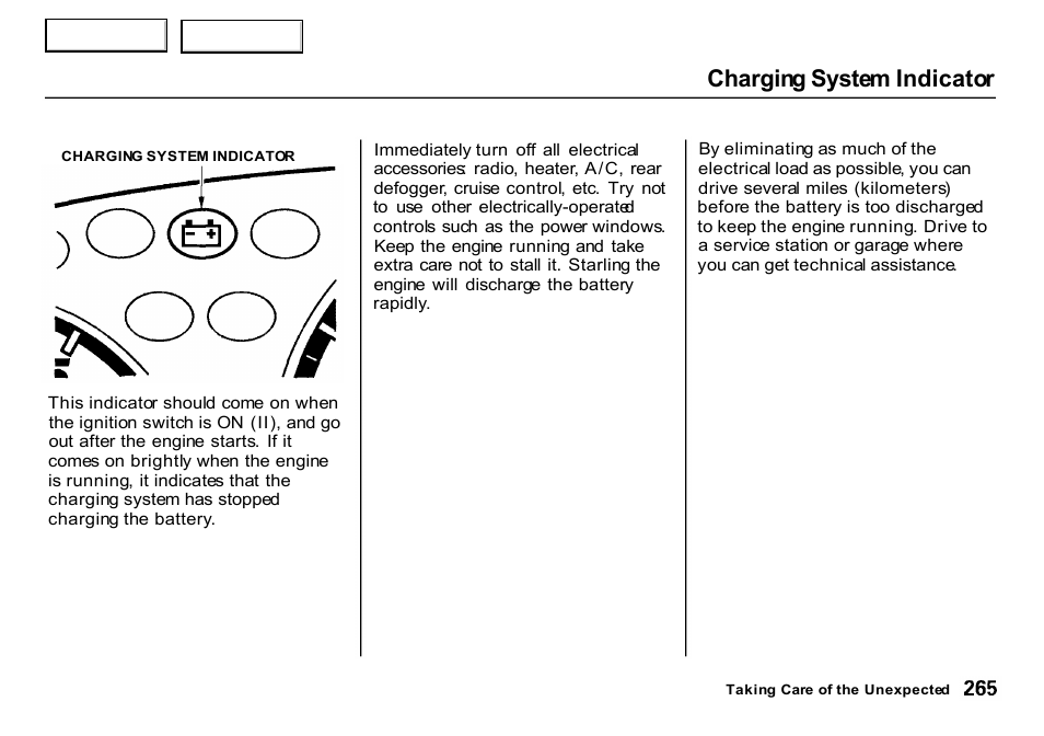 Charging system indicator | HONDA 2000 CR-V - Owner's Manual User Manual | Page 269 / 322