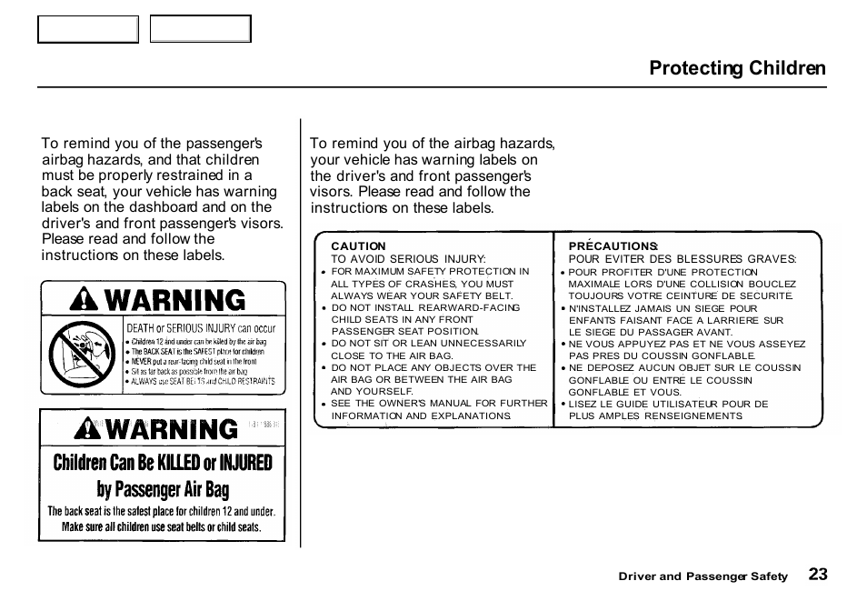 Protecting children | HONDA 2000 CR-V - Owner's Manual User Manual | Page 27 / 322