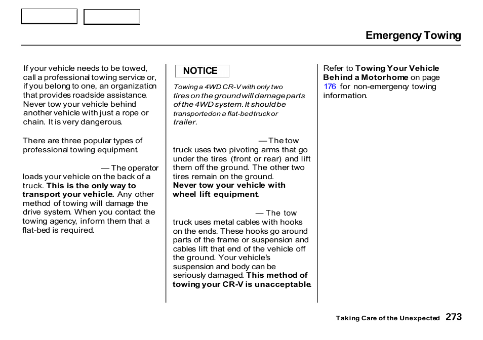 Emergency towing | HONDA 2000 CR-V - Owner's Manual User Manual | Page 277 / 322