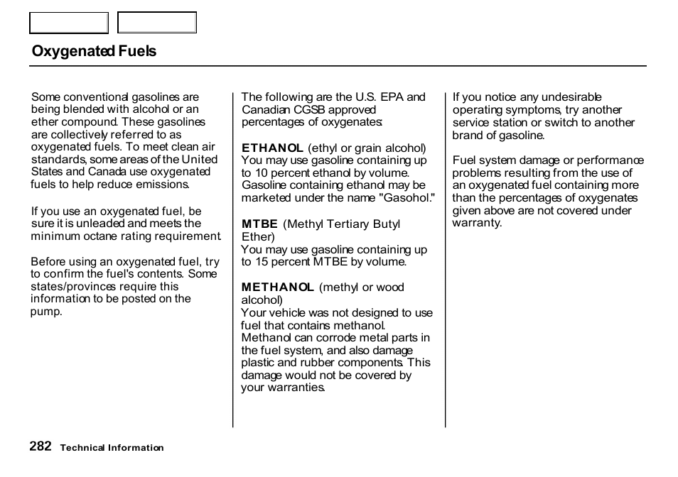 Oxygenated fuels | HONDA 2000 CR-V - Owner's Manual User Manual | Page 286 / 322