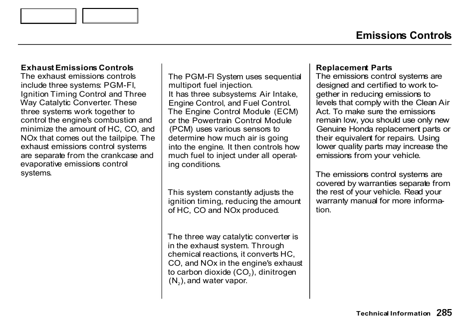 Emissions controls | HONDA 2000 CR-V - Owner's Manual User Manual | Page 289 / 322