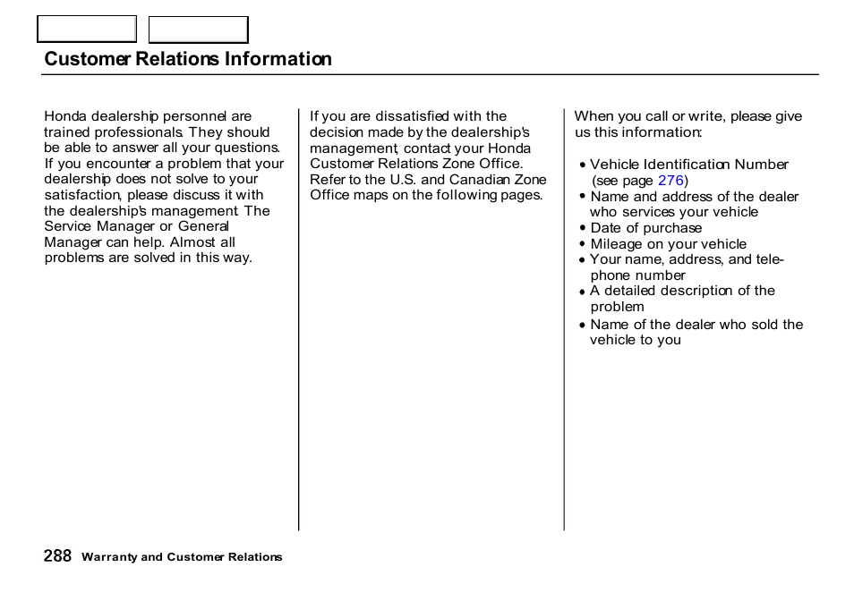 Customer relations information | HONDA 2000 CR-V - Owner's Manual User Manual | Page 292 / 322