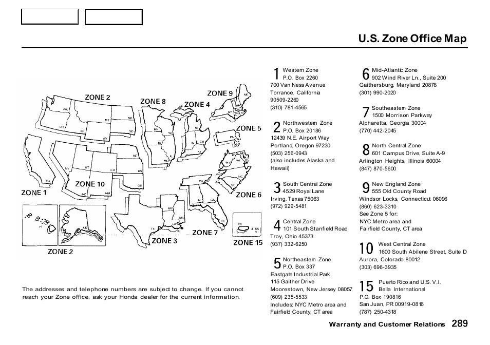 U.s. zone office map | HONDA 2000 CR-V - Owner's Manual User Manual | Page 293 / 322
