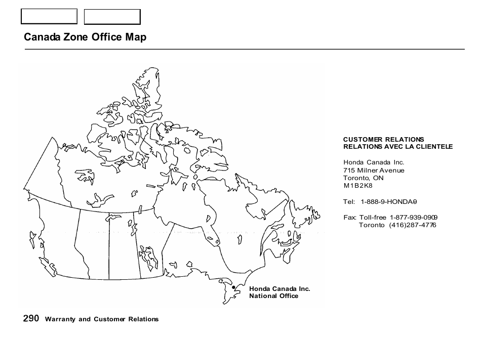 Canada zone office map | HONDA 2000 CR-V - Owner's Manual User Manual | Page 294 / 322