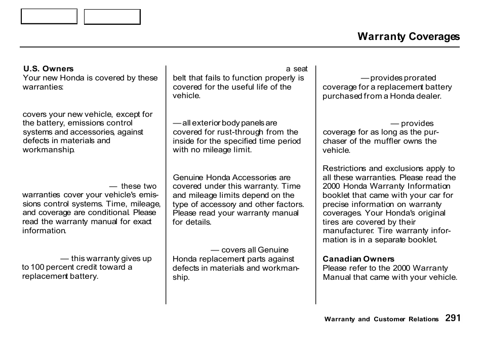 Warranty coverages | HONDA 2000 CR-V - Owner's Manual User Manual | Page 295 / 322