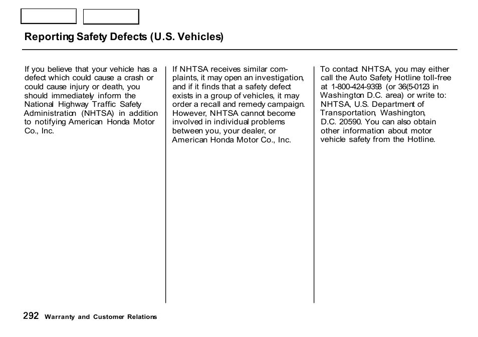 Reporting safety defects (u.s. vehicles) | HONDA 2000 CR-V - Owner's Manual User Manual | Page 296 / 322