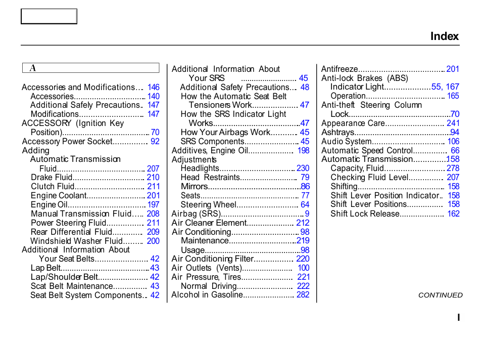 Index | HONDA 2000 CR-V - Owner's Manual User Manual | Page 299 / 322