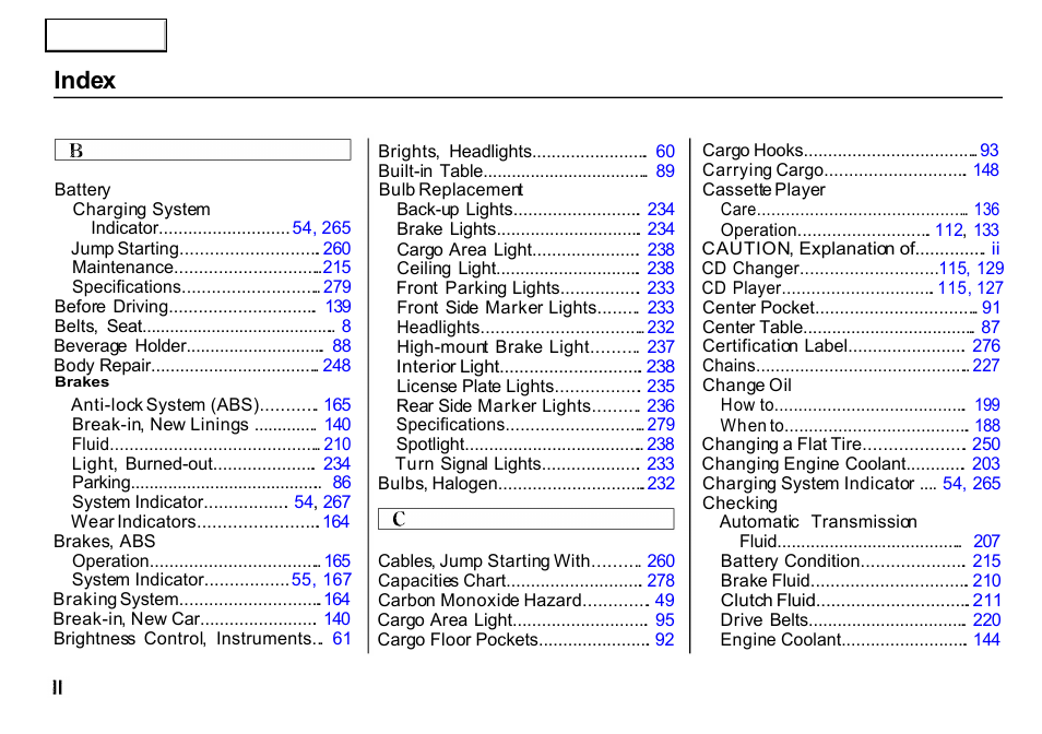 Index | HONDA 2000 CR-V - Owner's Manual User Manual | Page 300 / 322