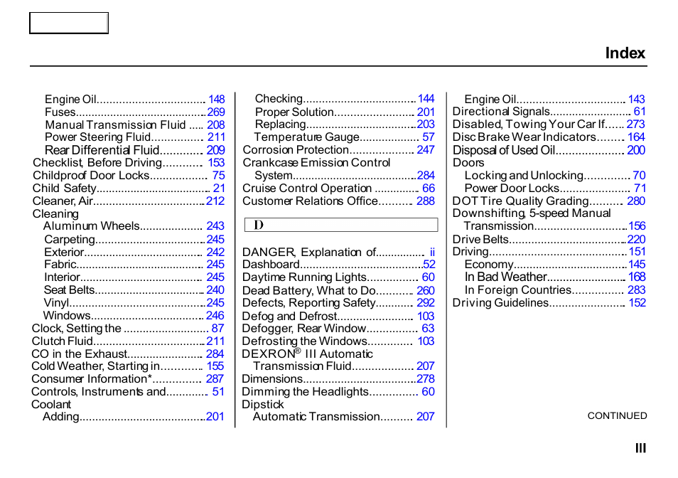 Index | HONDA 2000 CR-V - Owner's Manual User Manual | Page 301 / 322