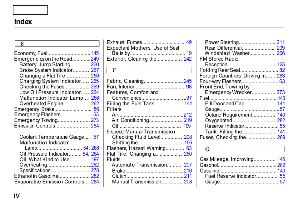 Index | HONDA 2000 CR-V - Owner's Manual User Manual | Page 302 / 322