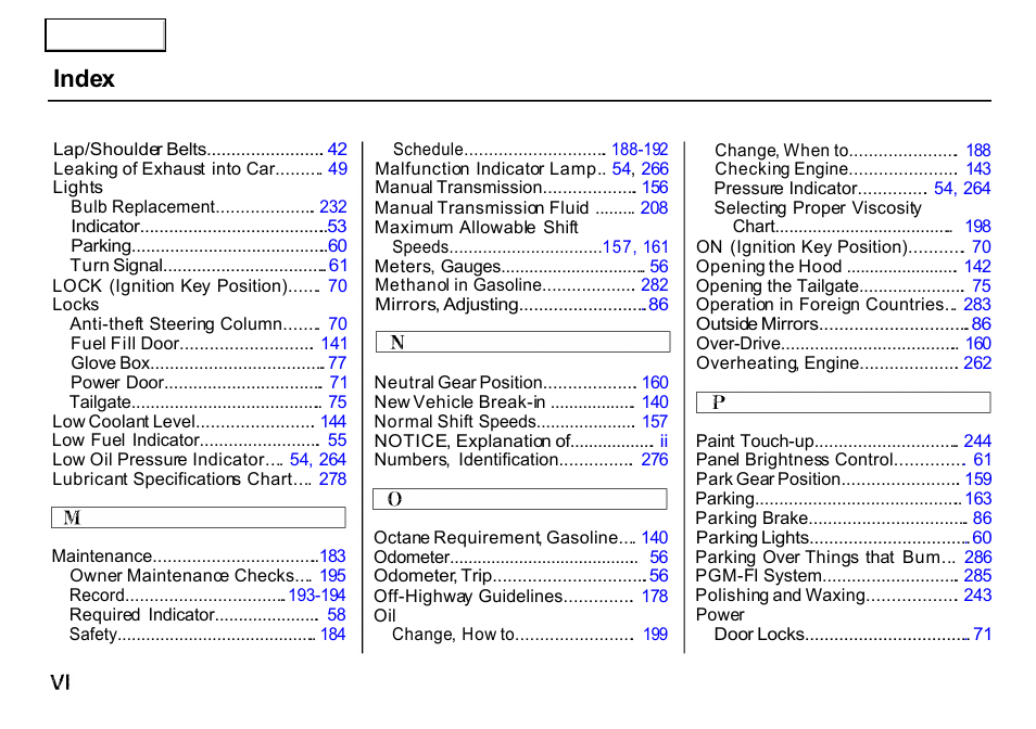 Index | HONDA 2000 CR-V - Owner's Manual User Manual | Page 304 / 322