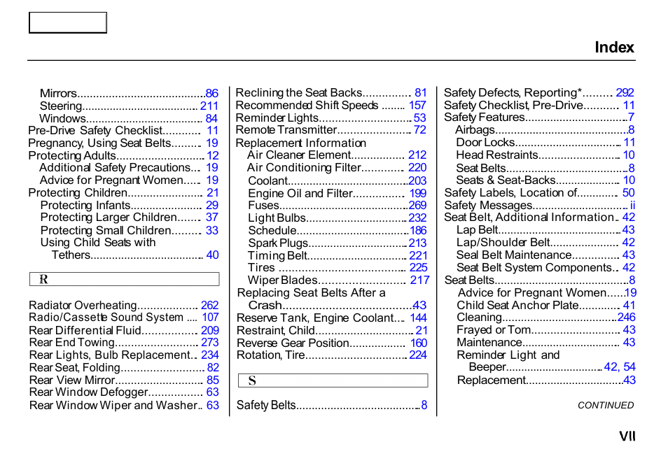 Index | HONDA 2000 CR-V - Owner's Manual User Manual | Page 305 / 322