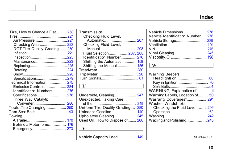 Index | HONDA 2000 CR-V - Owner's Manual User Manual | Page 307 / 322