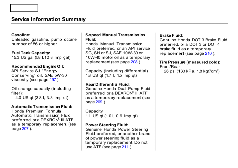 Service information summary | HONDA 2000 CR-V - Owner's Manual User Manual | Page 309 / 322