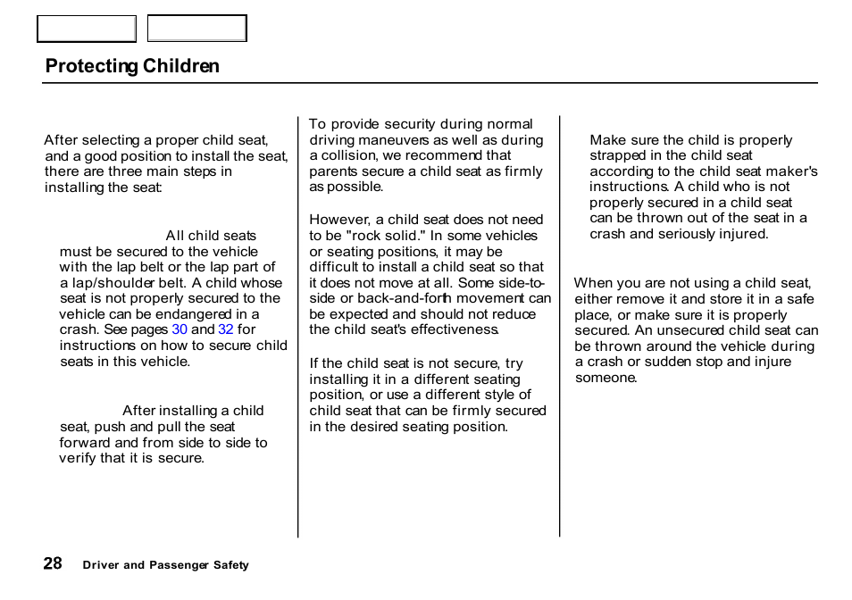 Protecting children | HONDA 2000 CR-V - Owner's Manual User Manual | Page 32 / 322