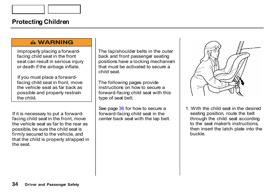 Protecting children | HONDA 2000 CR-V - Owner's Manual User Manual | Page 38 / 322