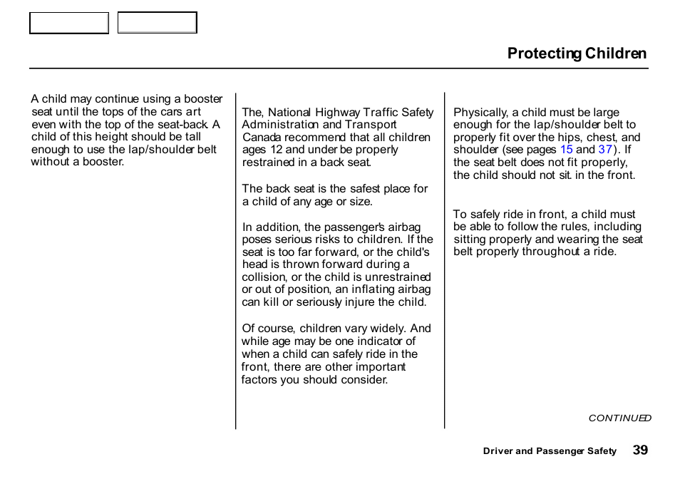 Protecting children | HONDA 2000 CR-V - Owner's Manual User Manual | Page 43 / 322