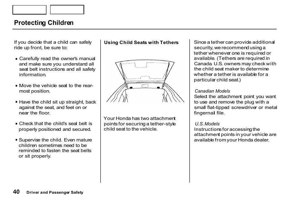 Tethers, Protecting children | HONDA 2000 CR-V - Owner's Manual User Manual | Page 44 / 322