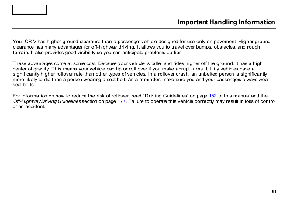 Important handling information | HONDA 2000 CR-V - Owner's Manual User Manual | Page 5 / 322