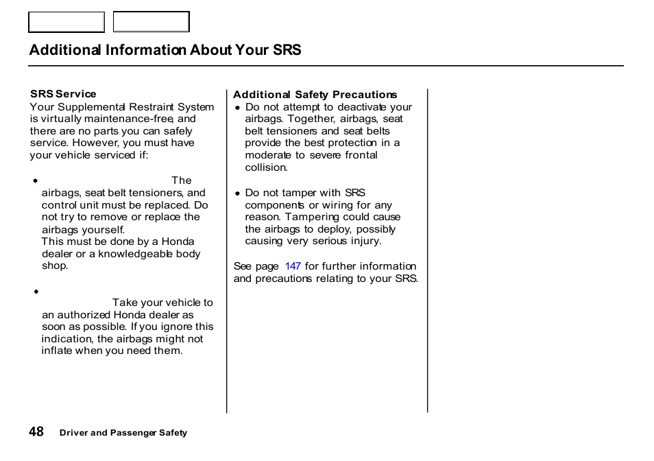Service, Additional information about your srs | HONDA 2000 CR-V - Owner's Manual User Manual | Page 52 / 322