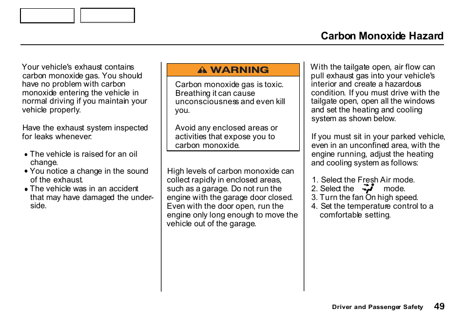Carbon monoxide hazard | HONDA 2000 CR-V - Owner's Manual User Manual | Page 53 / 322