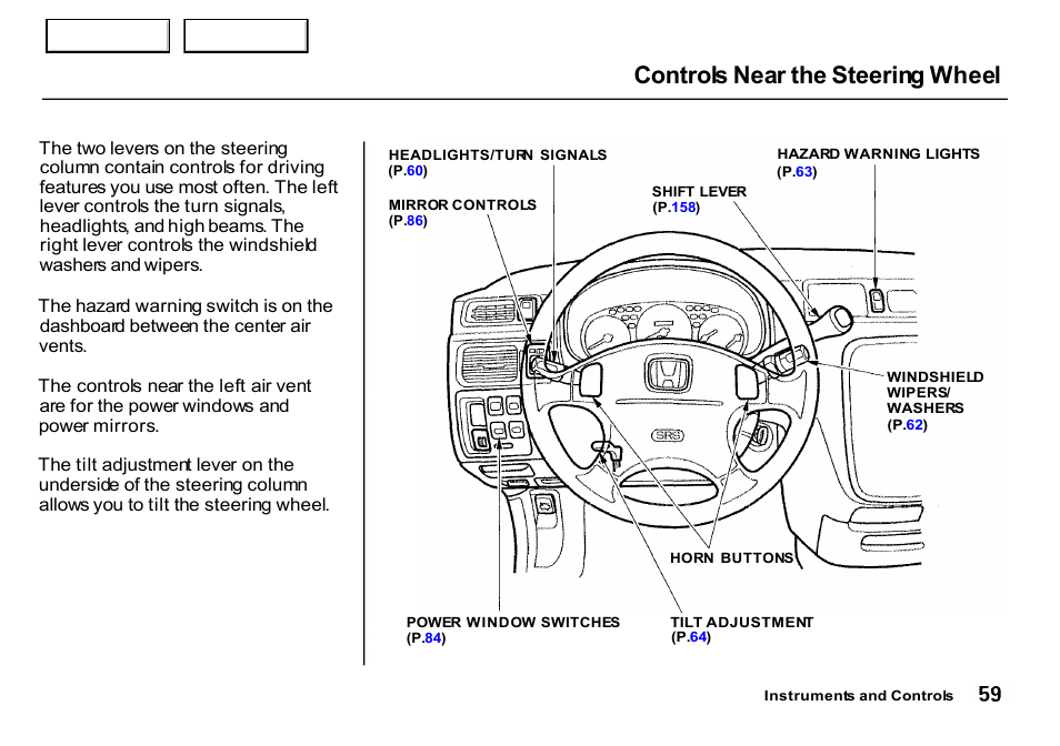 Controls near the steering wheel | HONDA 2000 CR-V - Owner's Manual User Manual | Page 63 / 322