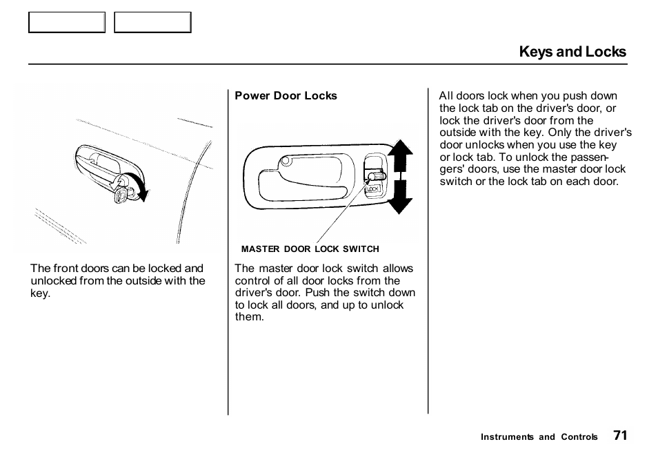 Keys and locks | HONDA 2000 CR-V - Owner's Manual User Manual | Page 75 / 322