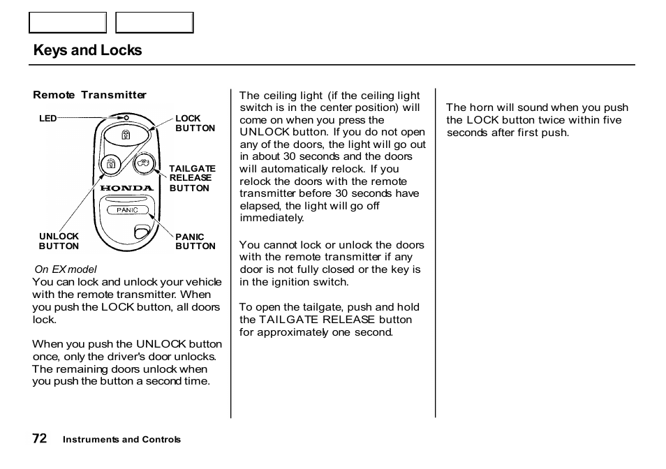 Keys and locks | HONDA 2000 CR-V - Owner's Manual User Manual | Page 76 / 322