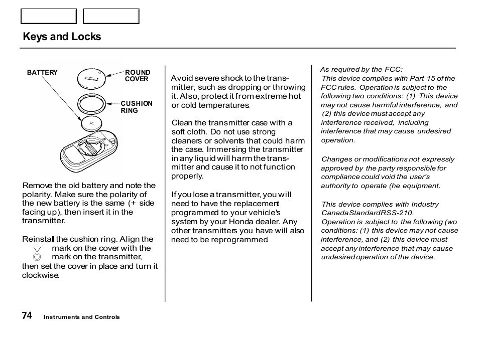Keys and locks | HONDA 2000 CR-V - Owner's Manual User Manual | Page 78 / 322