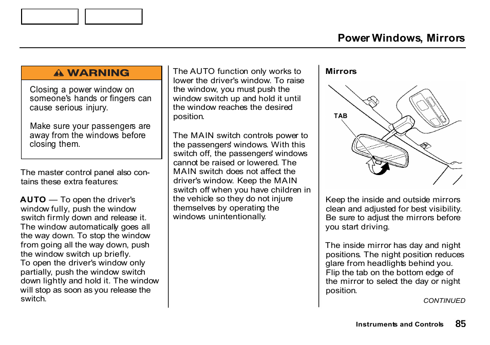 Mirrors, Power windows, mirrors | HONDA 2000 CR-V - Owner's Manual User Manual | Page 89 / 322