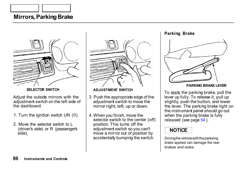 Brake, Mirrors, parking brake | HONDA 2000 CR-V - Owner's Manual User Manual | Page 90 / 322