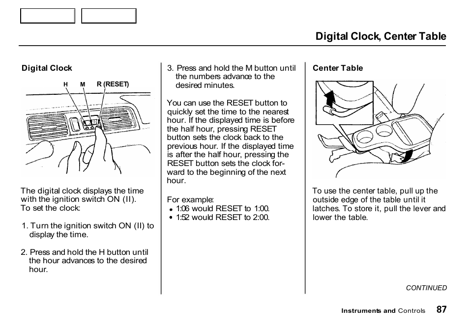 Clock, Table, Digital clock, center table | HONDA 2000 CR-V - Owner's Manual User Manual | Page 91 / 322