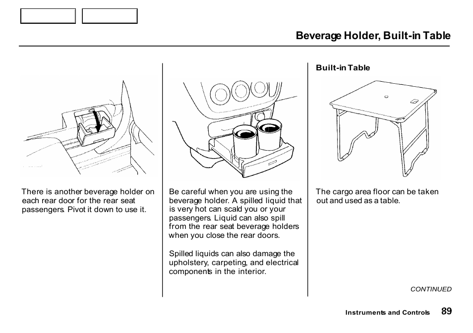 Table, Beverage holder, built-in table | HONDA 2000 CR-V - Owner's Manual User Manual | Page 93 / 322