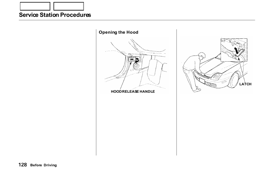 Service station procedures | HONDA 2000 Prelude - Owner's Manual User Manual | Page 131 / 293