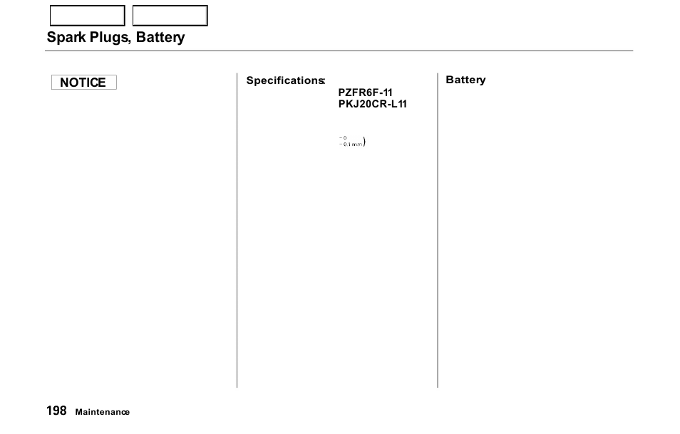 Spark plugs, battery, Notice | HONDA 2000 Prelude - Owner's Manual User Manual | Page 201 / 293