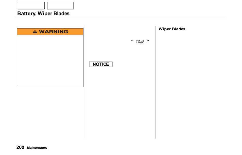 Battery, wiper blades | HONDA 2000 Prelude - Owner's Manual User Manual | Page 203 / 293