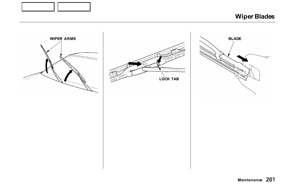 Wiper blades | HONDA 2000 Prelude - Owner's Manual User Manual | Page 204 / 293