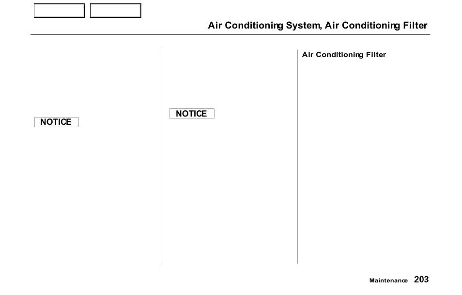 Air conditioning system, air conditioning filter, Notice | HONDA 2000 Prelude - Owner's Manual User Manual | Page 206 / 293