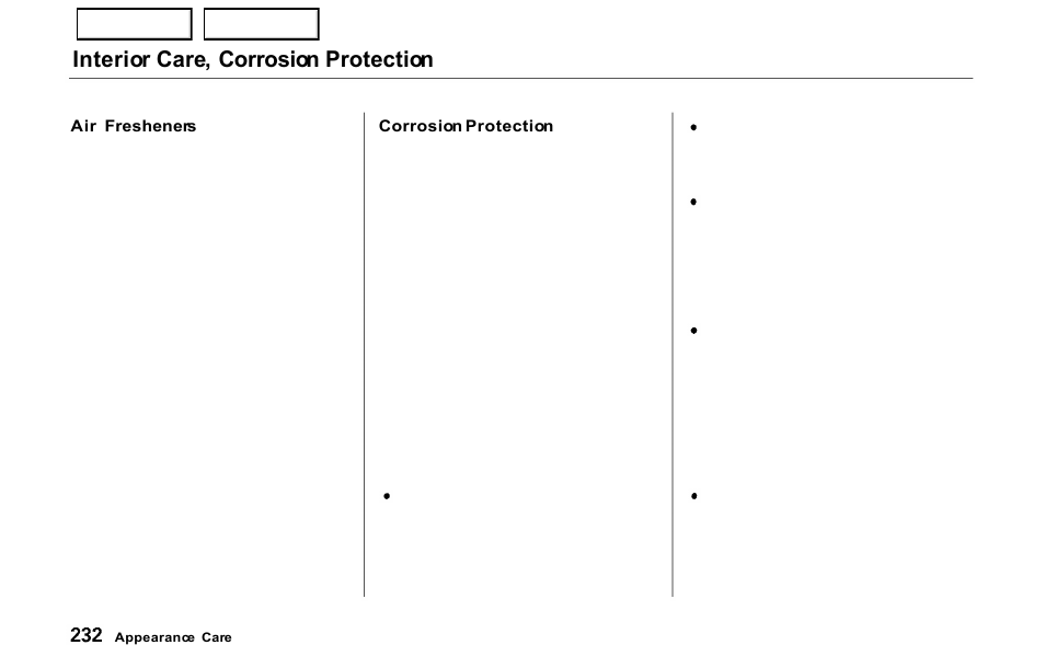 Interior care, corrosion protection | HONDA 2000 Prelude - Owner's Manual User Manual | Page 235 / 293