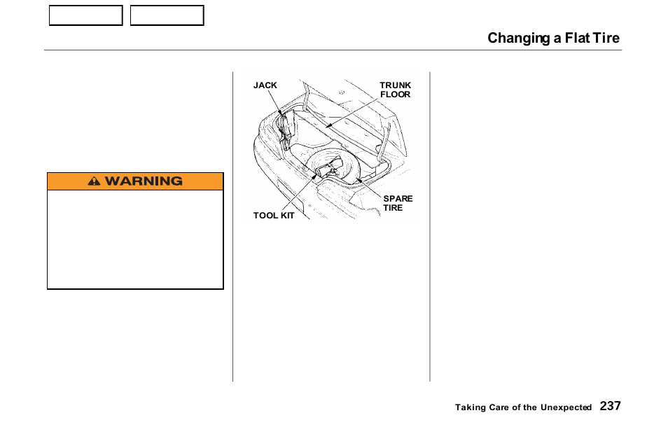 Changing a flat tire | HONDA 2000 Prelude - Owner's Manual User Manual | Page 240 / 293