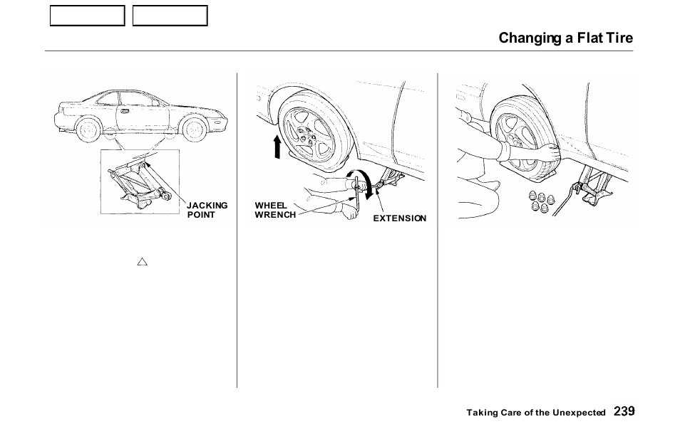 Changing a flat tire | HONDA 2000 Prelude - Owner's Manual User Manual | Page 242 / 293