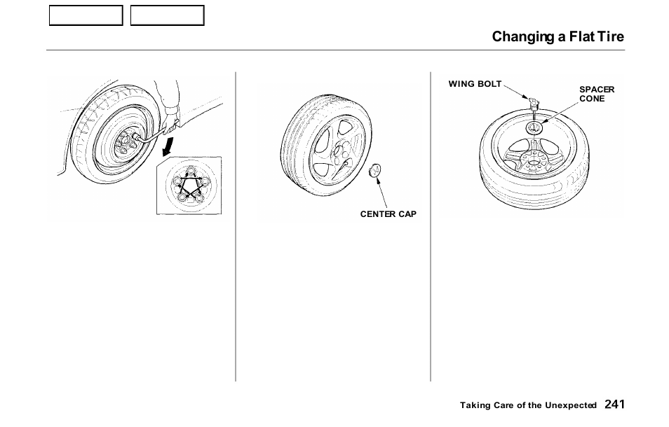 Changing a flat tire | HONDA 2000 Prelude - Owner's Manual User Manual | Page 244 / 293