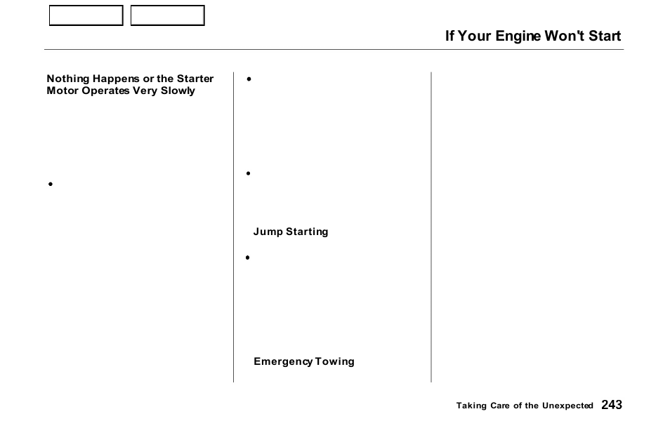 If your engine won't start | HONDA 2000 Prelude - Owner's Manual User Manual | Page 246 / 293