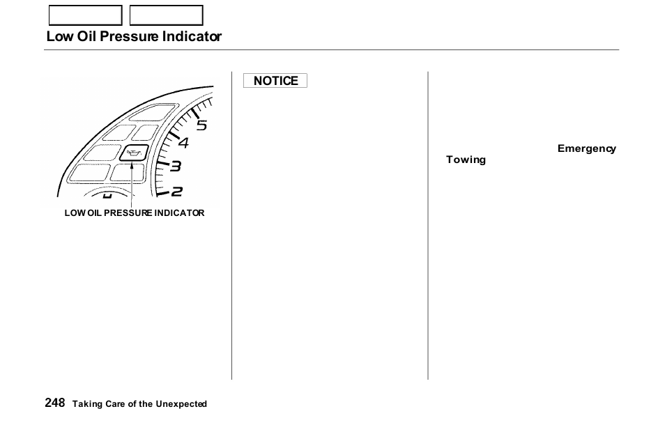 Low oil pressure indicator | HONDA 2000 Prelude - Owner's Manual User Manual | Page 251 / 293