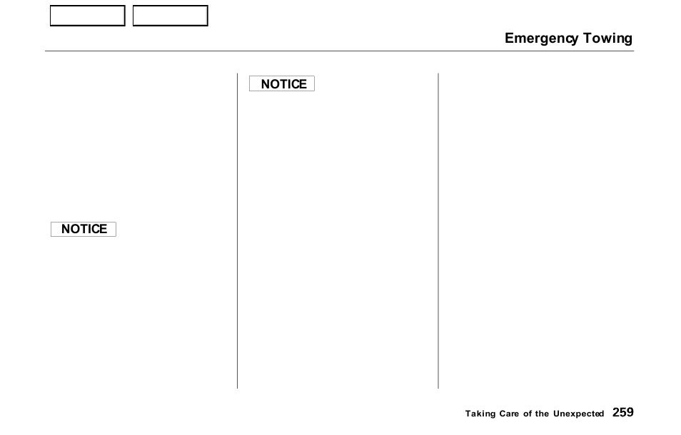 Emergency towing, Notice | HONDA 2000 Prelude - Owner's Manual User Manual | Page 262 / 293