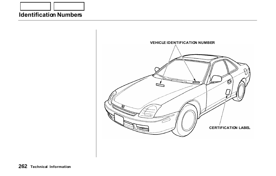 Identification numbers | HONDA 2000 Prelude - Owner's Manual User Manual | Page 265 / 293