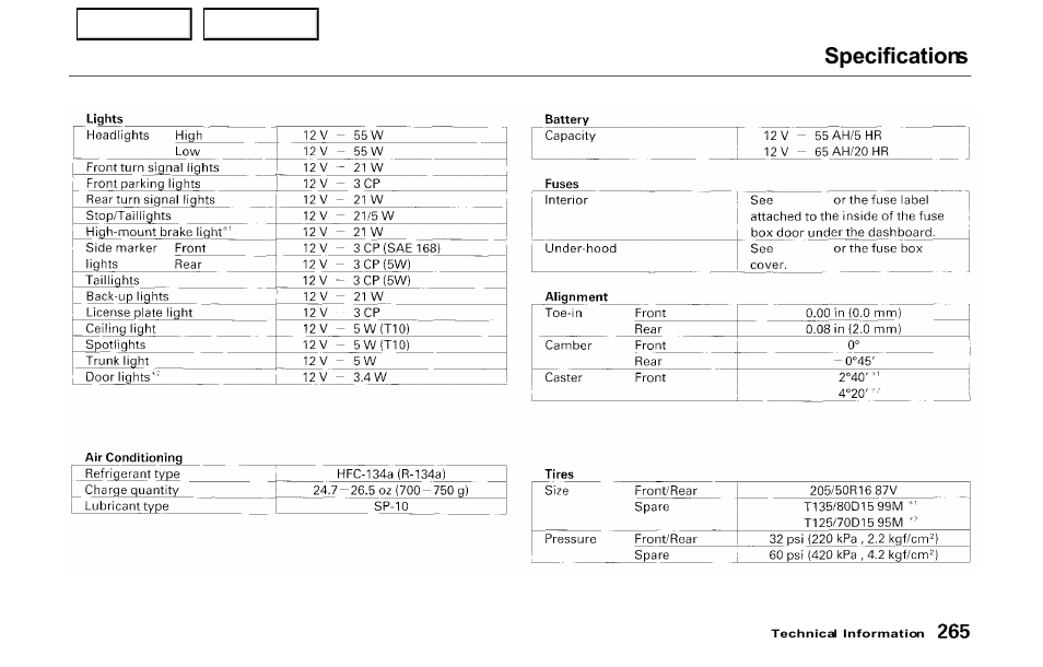 Specifications | HONDA 2000 Prelude - Owner's Manual User Manual | Page 268 / 293