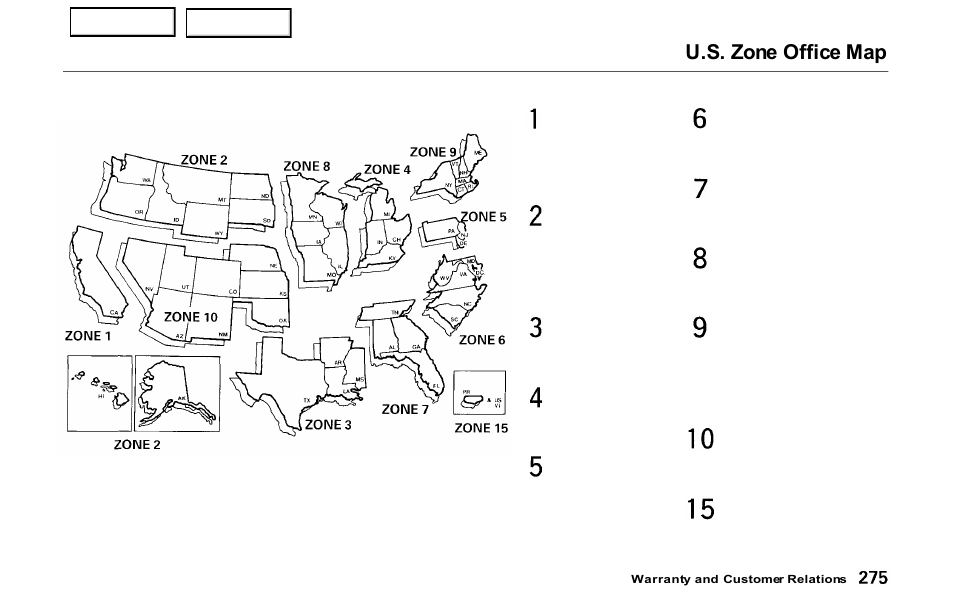 U.s. zone office map | HONDA 2000 Prelude - Owner's Manual User Manual | Page 278 / 293